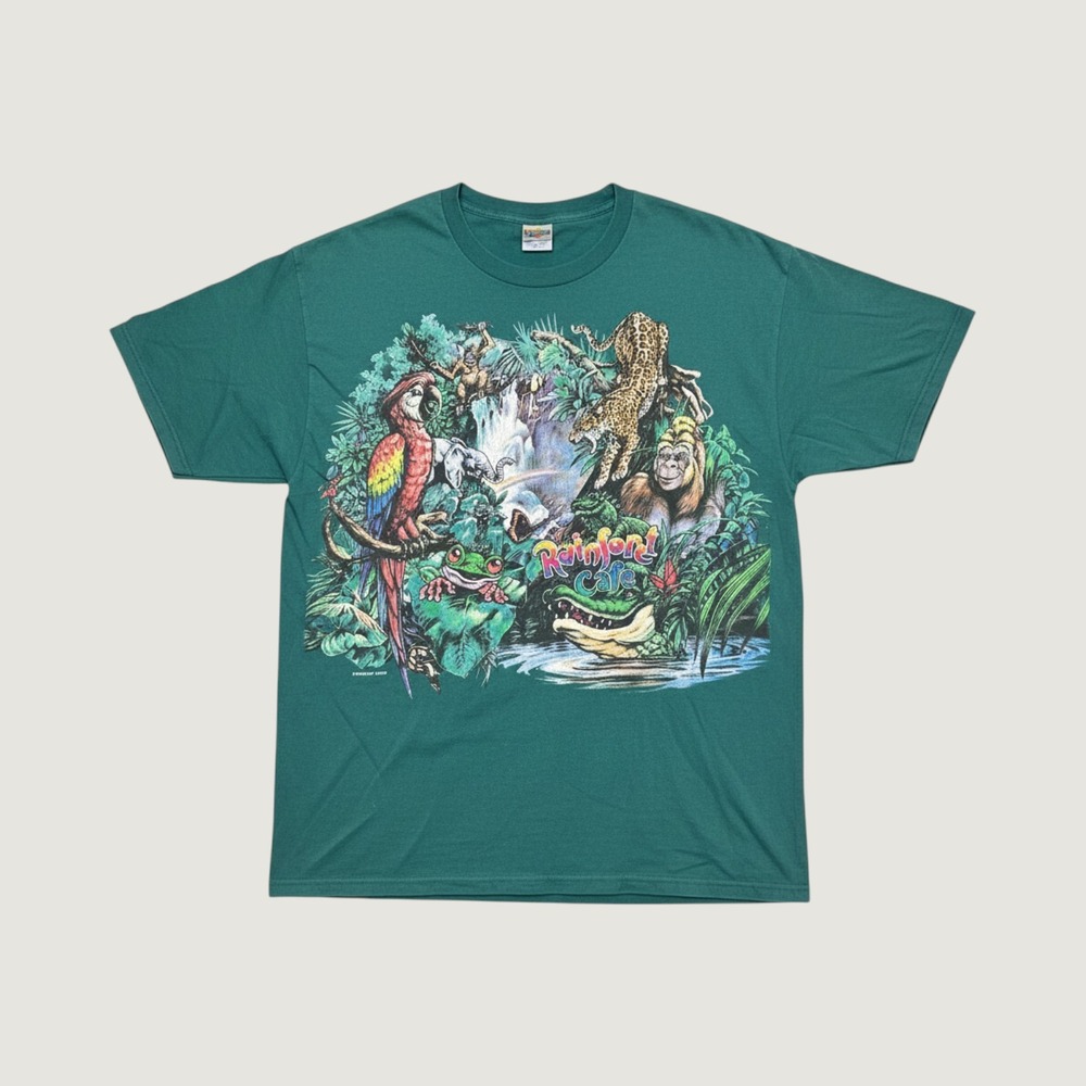 VTG Rare 90s Rainforest Cafe AOP Graphic T-Shirt XXL Green USA Made Rare Animal